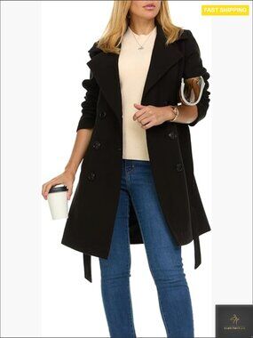 Double-Breasted Trench Coat Classic Elegant Faux Wool Winter Coat Fitted